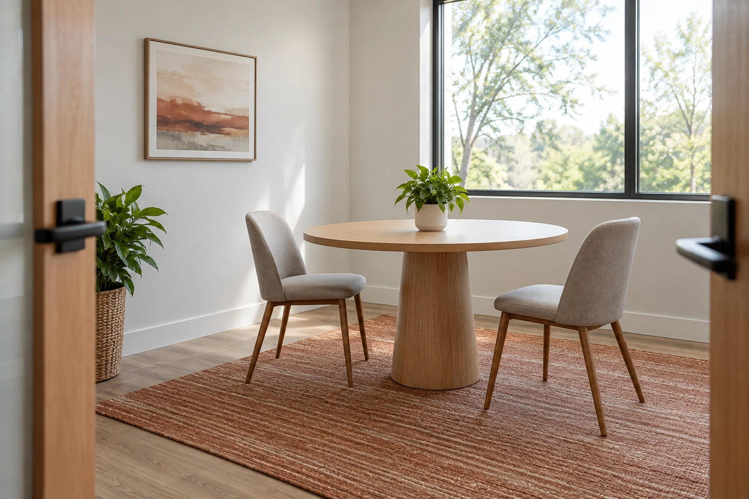 A bright consultation room with a round wooden table, two empty chairs, a window, and an open uncluttered entrance.